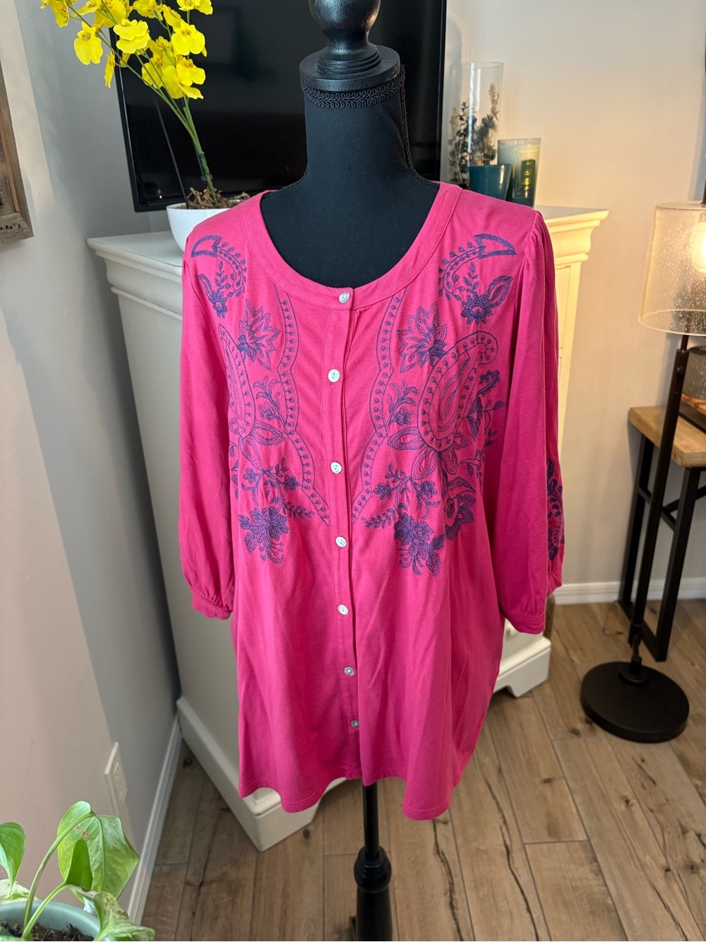 J. Jill NWOT Women's Embroidered Pink Button-Front Top, L Tall